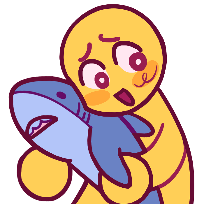  A yellow figure with an open mouth, wide eyes and smile hugging a blue plushie of a great white shark. 